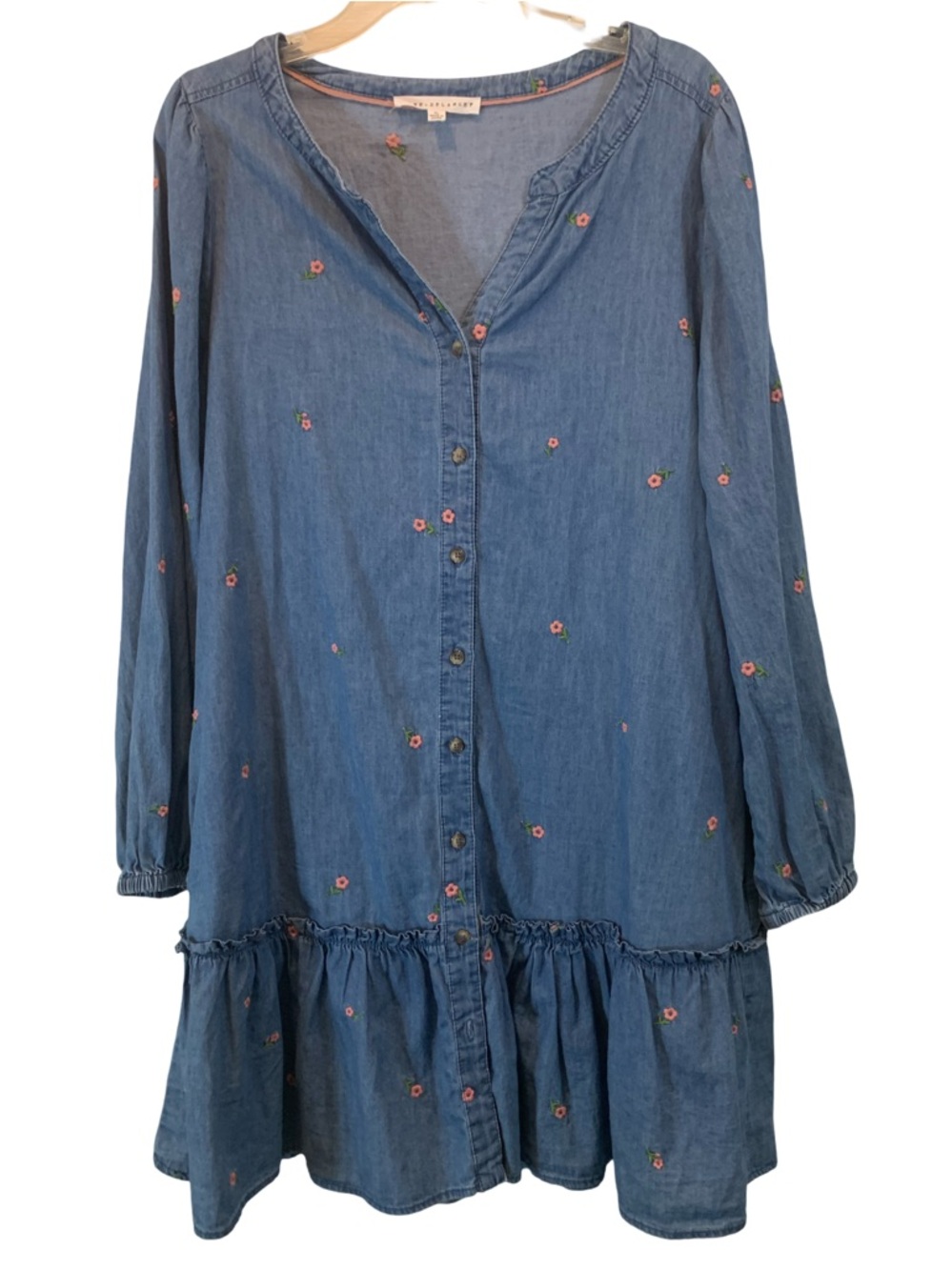 Denim Blue Long-Sleeve Button-Front Dress with Pink Floral Embroidery